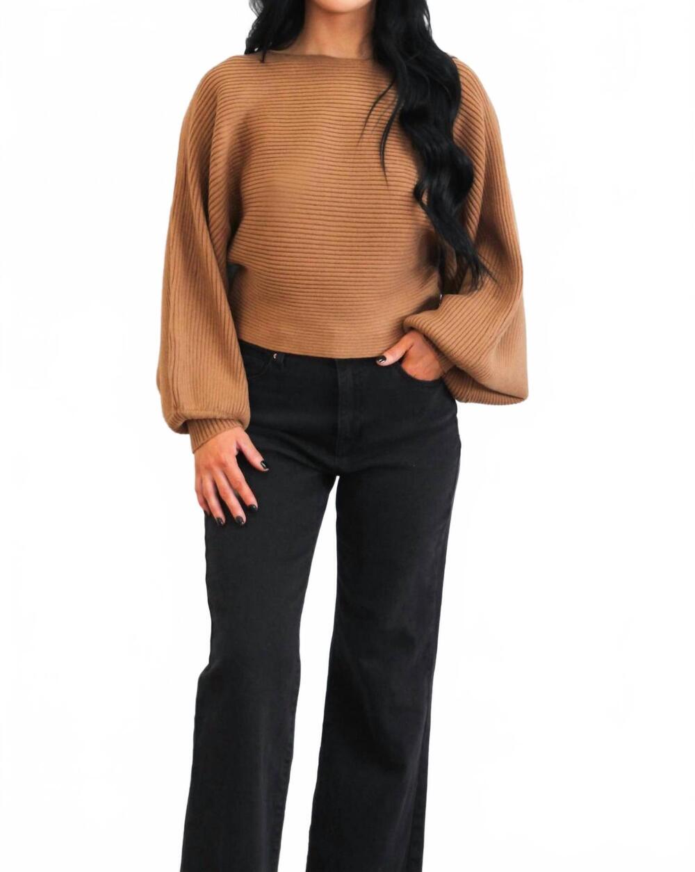 NEW ZENANA boat neck balloon sleeve sweater in deep camel